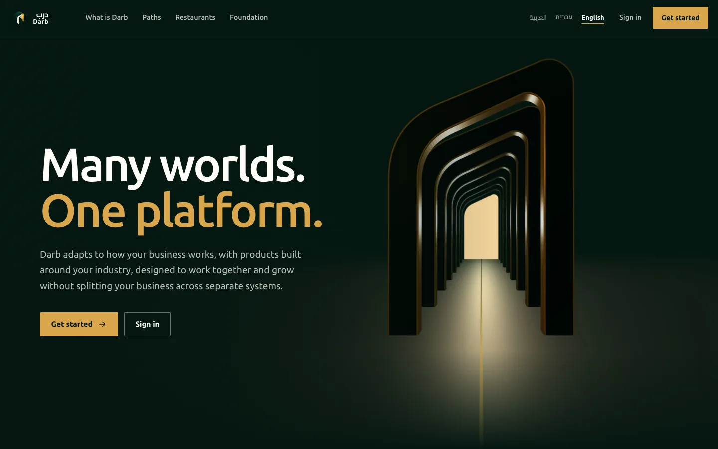 darb.co.il: the headline “Many worlds. One platform.” beside a lit doorway, with Get started and Sign in.