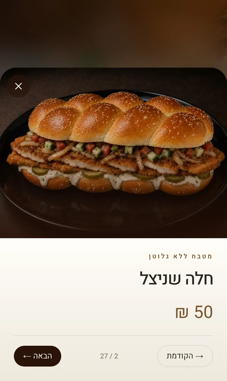 A dish opened on a phone: a large photo of the challah schnitzel sandwich, its name and price, and previous and next buttons.