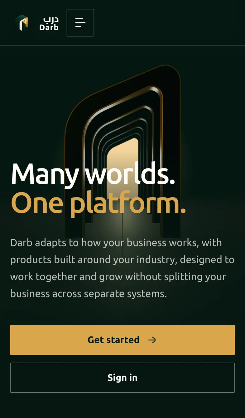 darb.co.il on a phone: “Many worlds. One platform.” with Get started and Sign in.